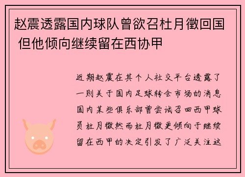 赵震透露国内球队曾欲召杜月徵回国 但他倾向继续留在西协甲