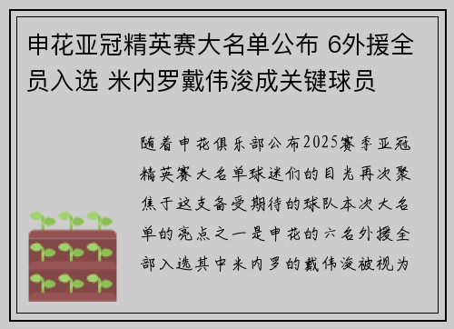 申花亚冠精英赛大名单公布 6外援全员入选 米内罗戴伟浚成关键球员